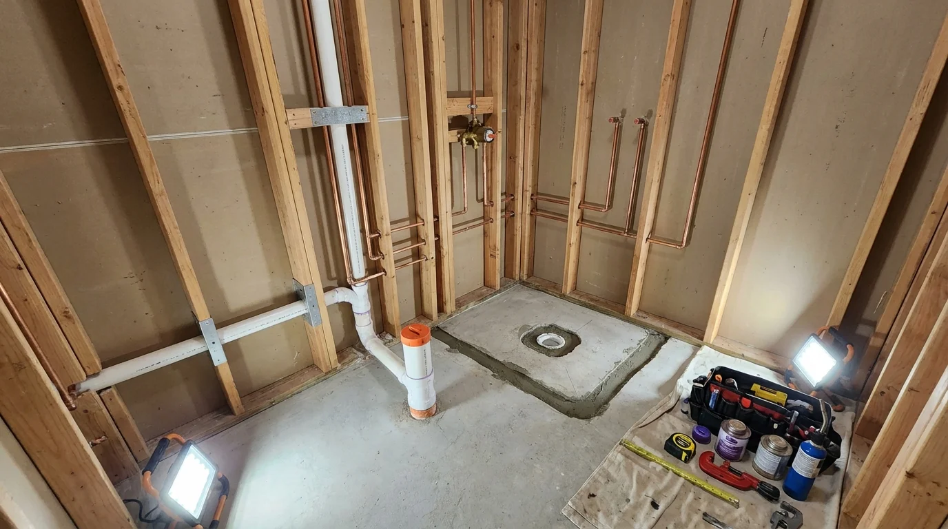 Bathroom rough-in plumbing during remodel by Johns Plumbing LLC in DuPont
