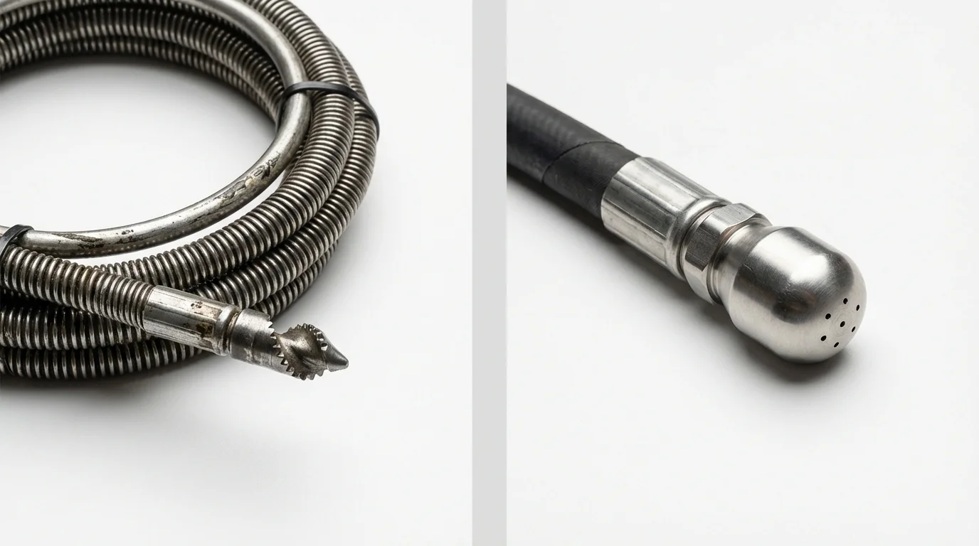 Drain snake cable and hydro jetting nozzle used for drain cleaning in DuPont, WA