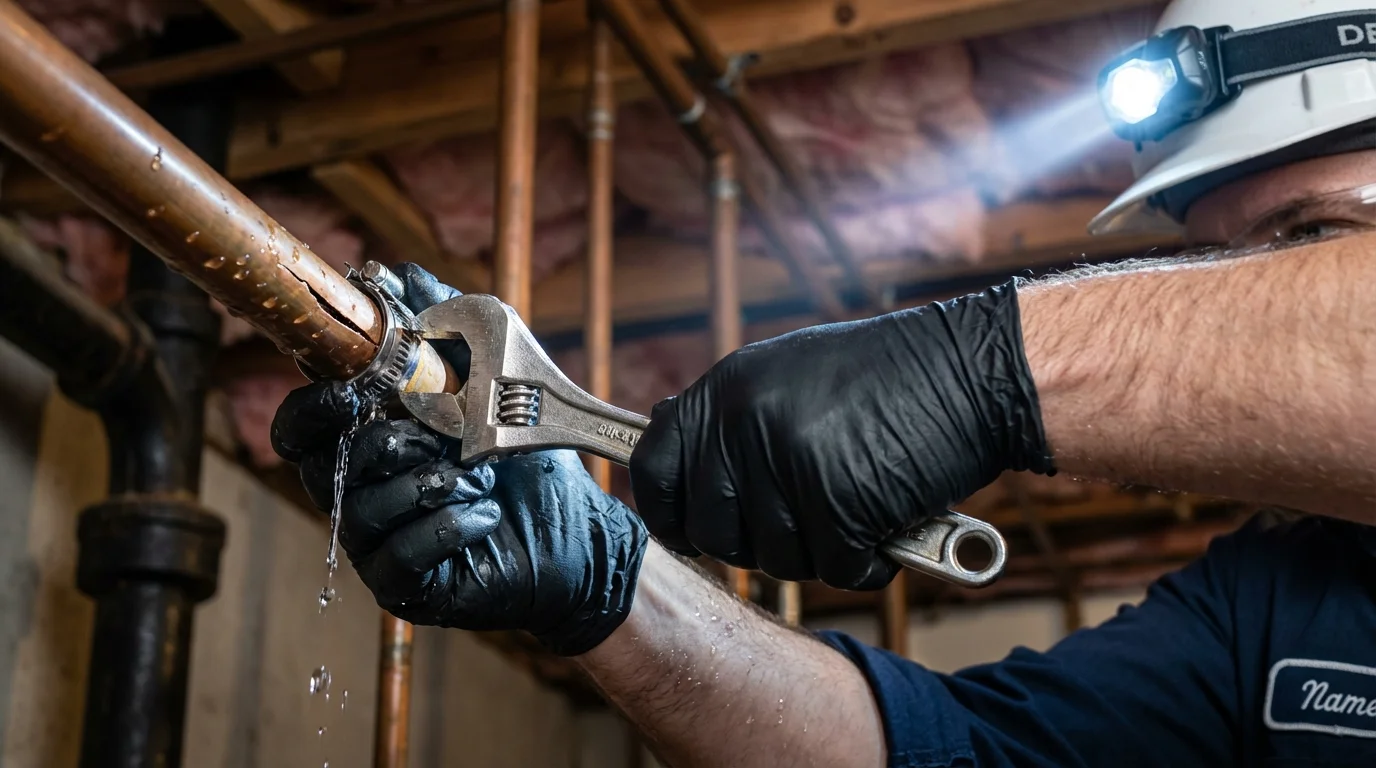 Emergency pipe clamp repair being performed by a Johns Plumbing LLC plumber in DuPont