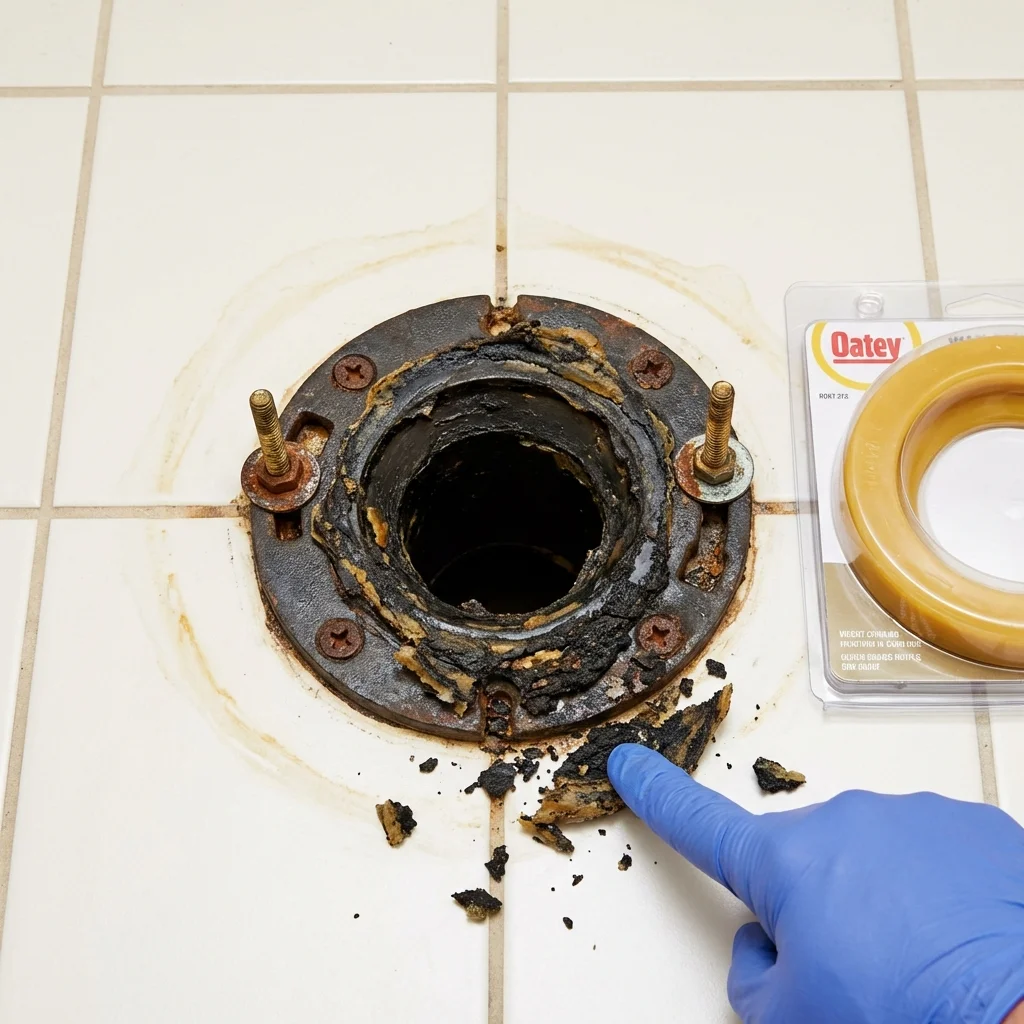Failed wax ring showing water seepage at the base of a toilet in a DuPont, WA home