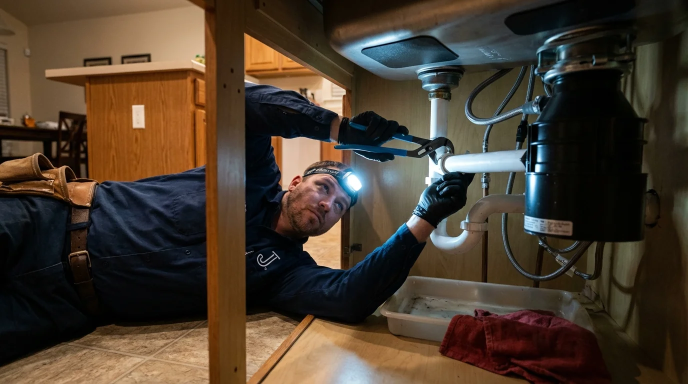 P-trap and supply line connections under a kitchen sink showing a common leak point in DuPont, WA